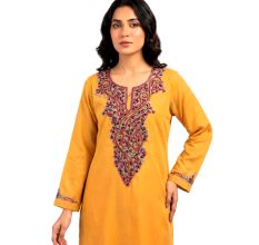 Mustard Kashmiri Cotton Viscose Kurta with Handworked Paisley Neck Panel